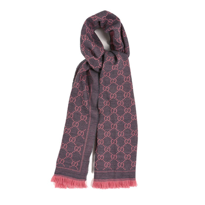 Gucci Wool Jacquard GG Monogram Sten Fringe Scarf Graphite Pink 1 of 3