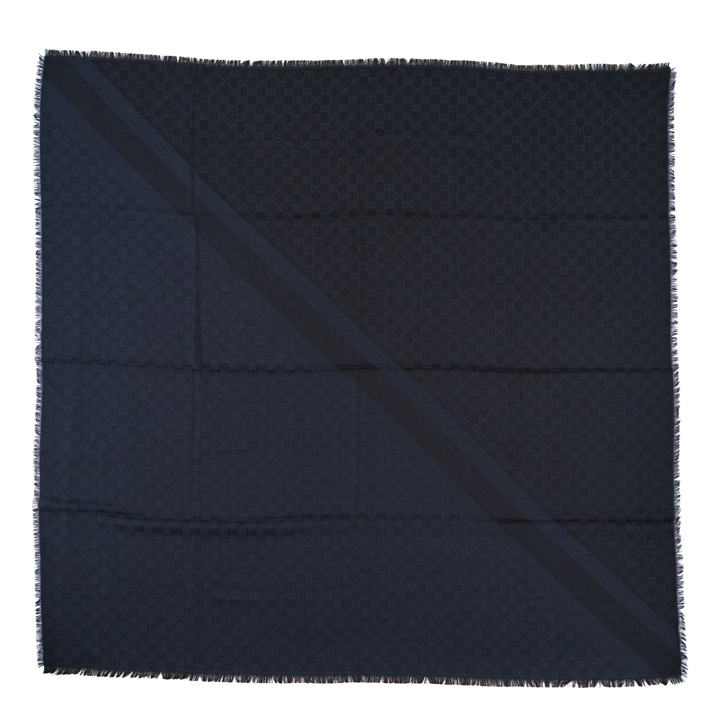 Wool Silk Monogram GGWeb Fringe Shawl Navy Black