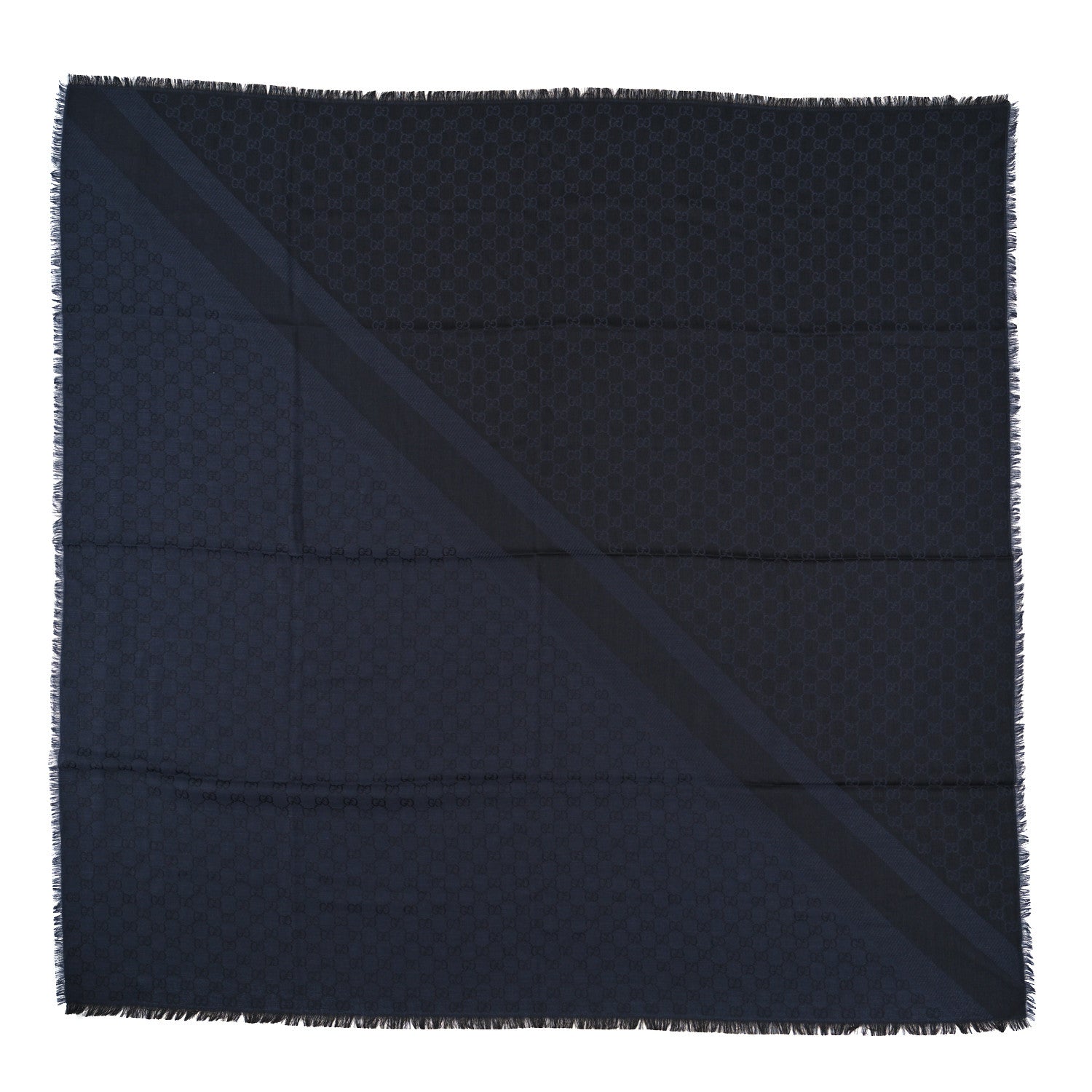 Gucci Wool Silk Monogram GGWeb Fringe Shawl Navy Black 1 of 3