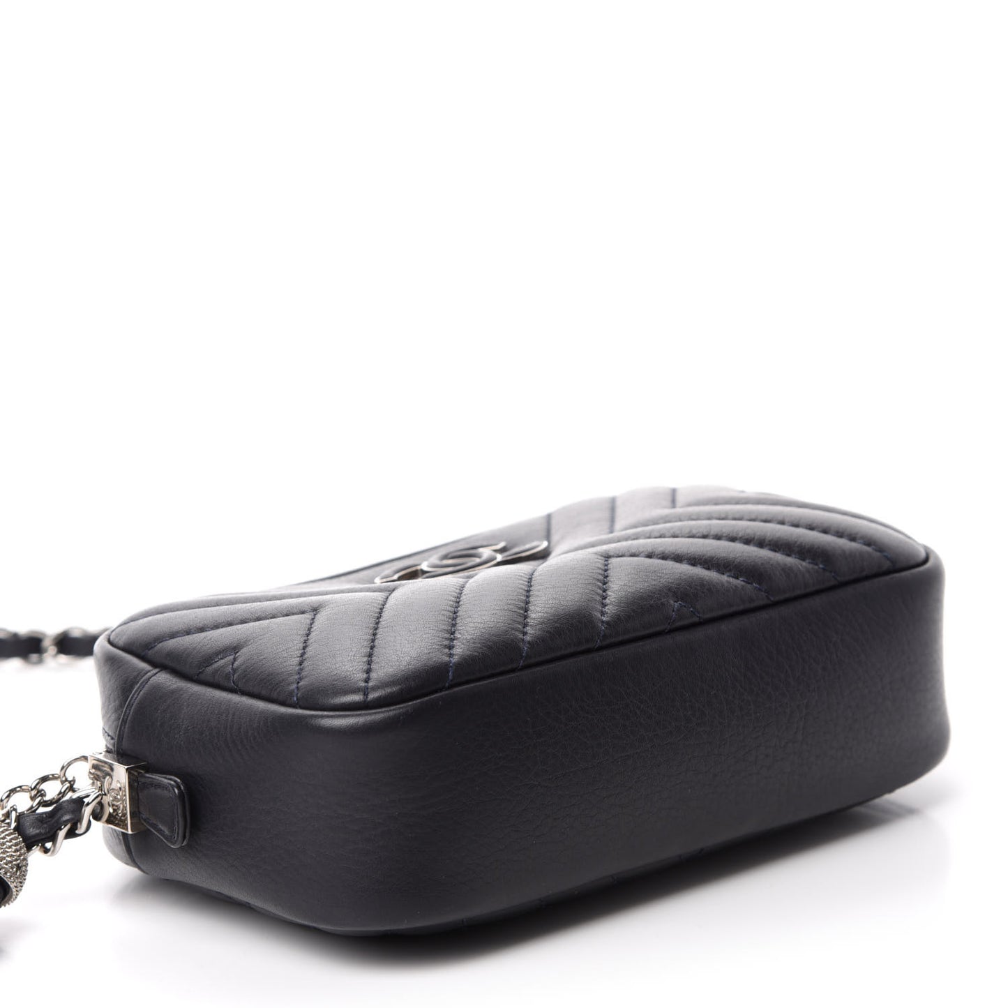 Calfskin Diagonal Chevron Quilted Tassel Camera Case Black