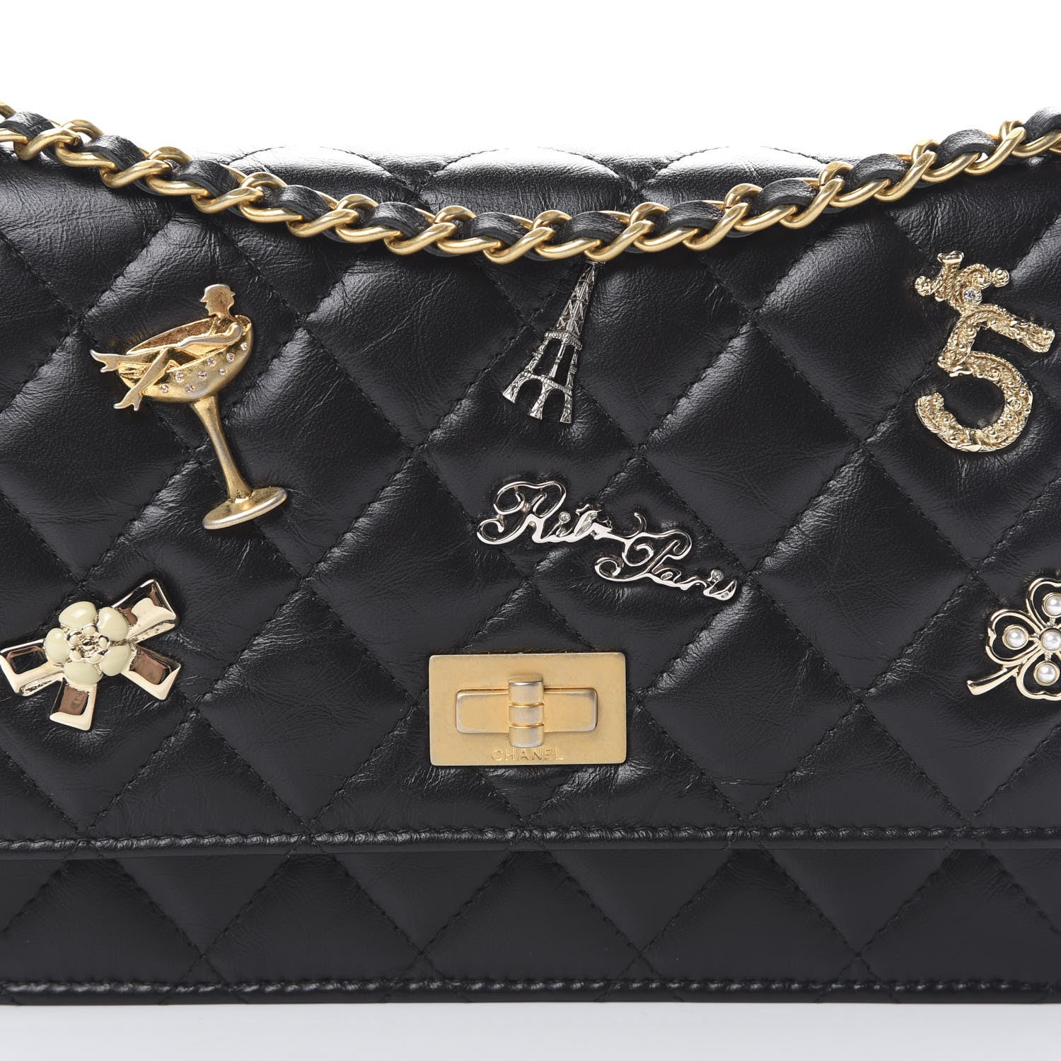 Chanel Aged Calfskin Quilted Lucky Charms 2.55 Reissue Wallet On Chain WOC Black 9 of 13