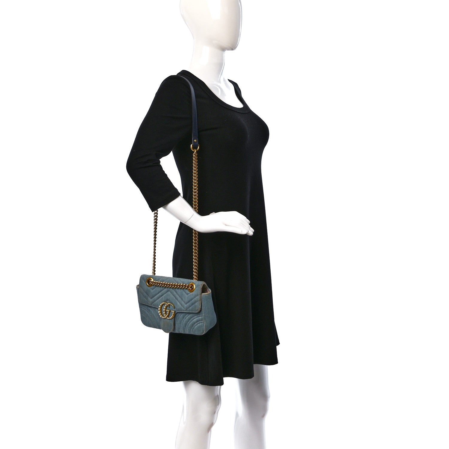 Gucci Denim Matelasse Mini Pearly GG Marmont Shoulder Bag Blue 2 of 13