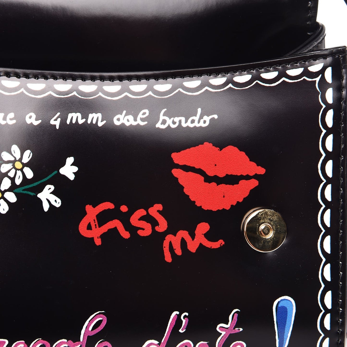 Glazed Calfskin Embroidered Medium Heart Flower Miss Sicily Satchel Black