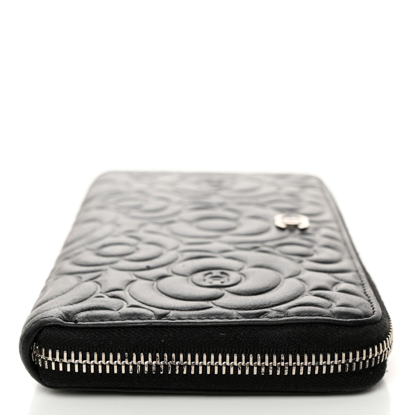 Lambskin Camellia Embossed Large Zip Around Gusset Wallet Black