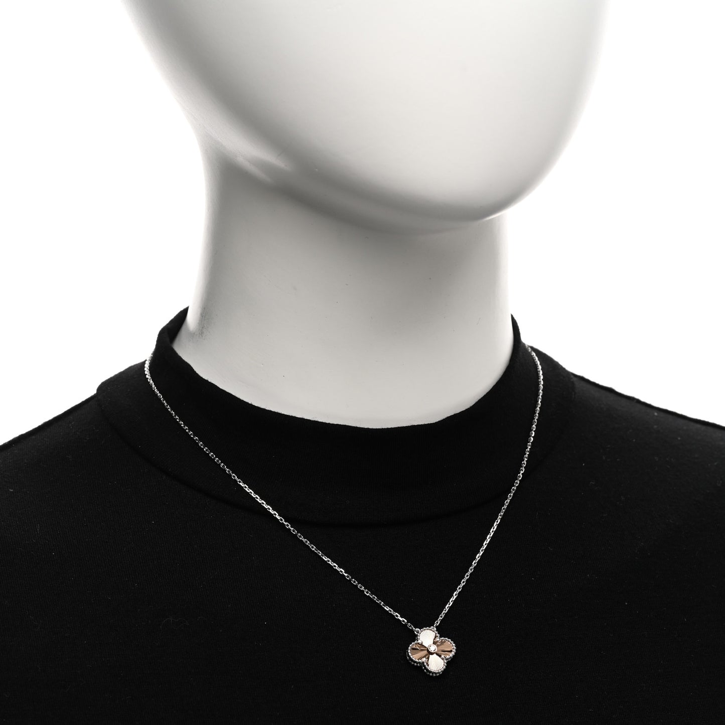 18K White Rose Gold Diamond Guilloche Vintage Alhambra Pendant Necklace