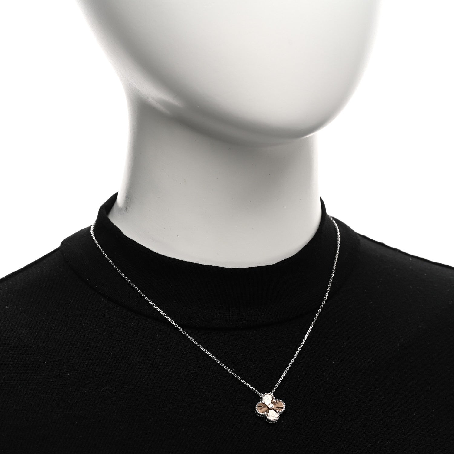 Van Cleef & Arpels 18K White Rose Gold Diamond Guilloche Vintage Alhambra Pendant Necklace 2 of 5