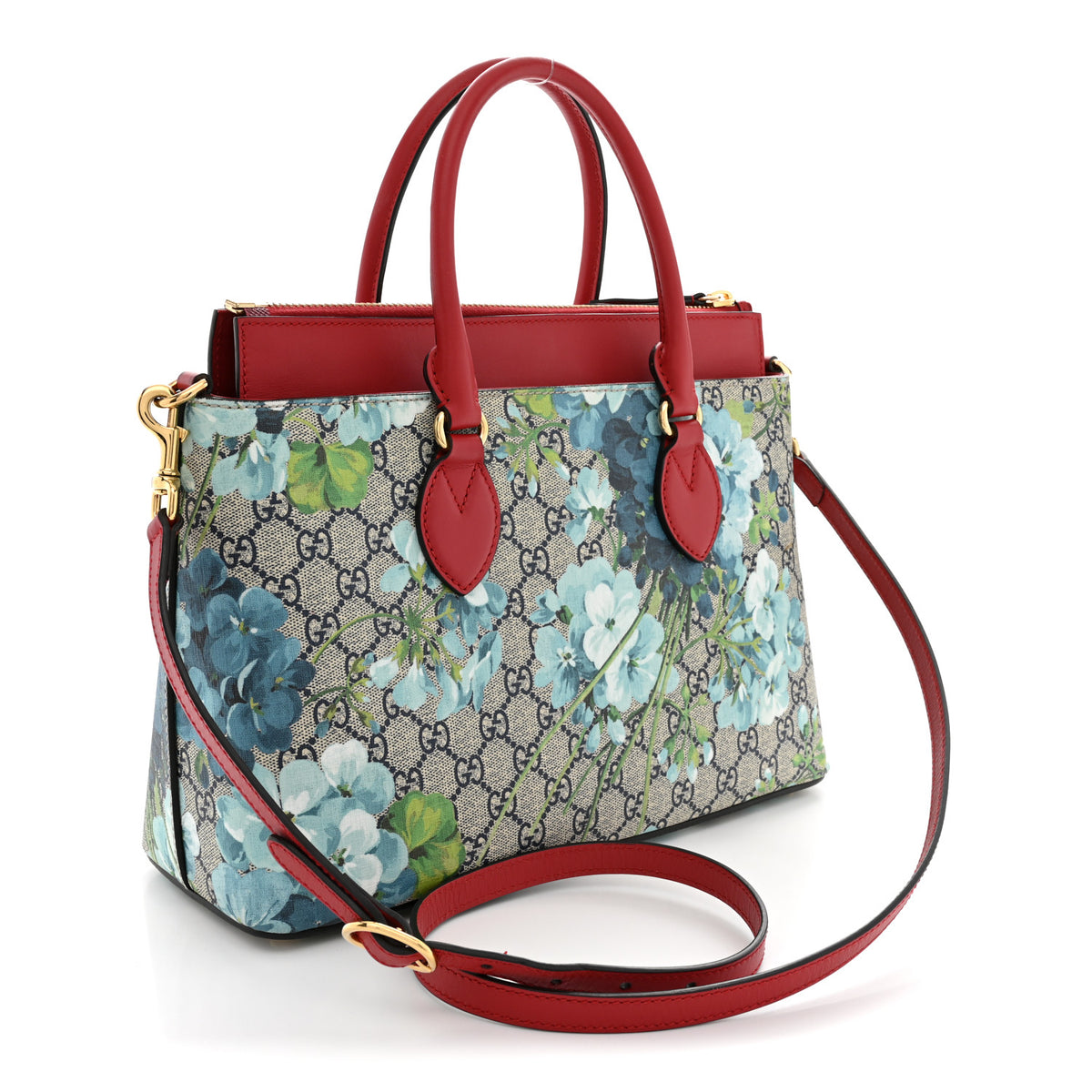 GG Supreme Monogram Blooms Small Zip Top Tote Beige Blue Navy Hibiscus Red
