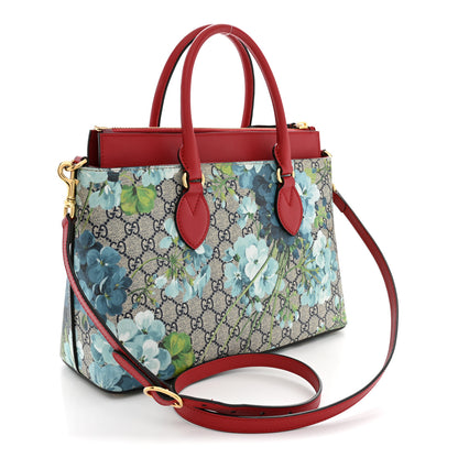 Gucci GG Supreme Monogram Blooms Small Zip Top Tote Beige Blue Navy Hibiscus Red 3 of 11