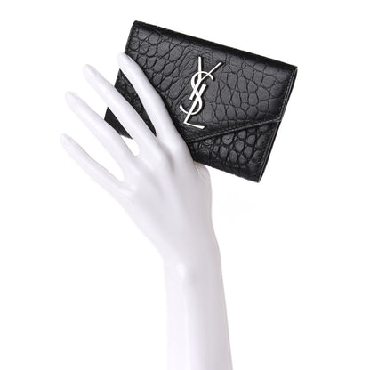 Saint Laurent Calfskin Crocodile Embossed Small Monogram Envelope Wallet Black 2 of 9