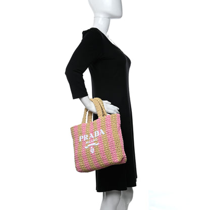 Prada Yarn Raffia Effect Crochet Striped Small Logo Tote Naturale Petalo 2 of 9
