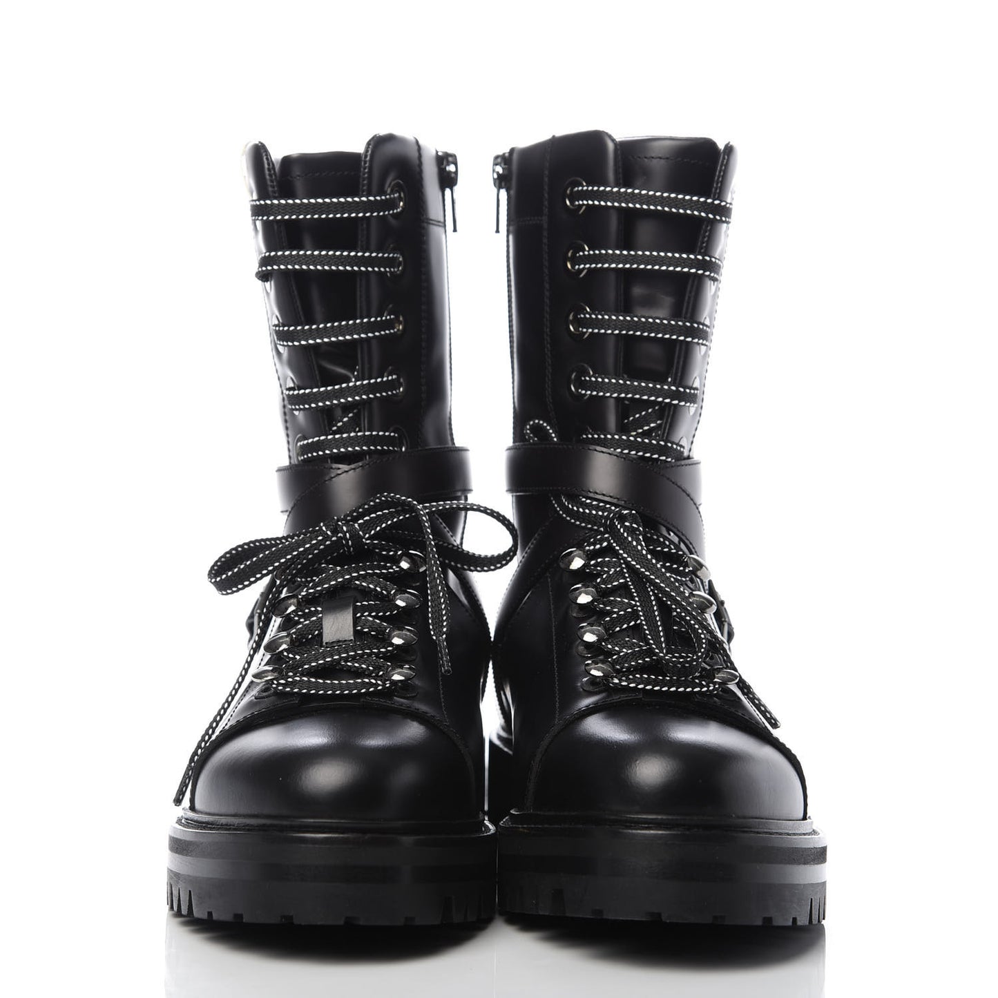 Smooth Calfskin Rockstud Buckled 25mm Combat Boots 37 Black