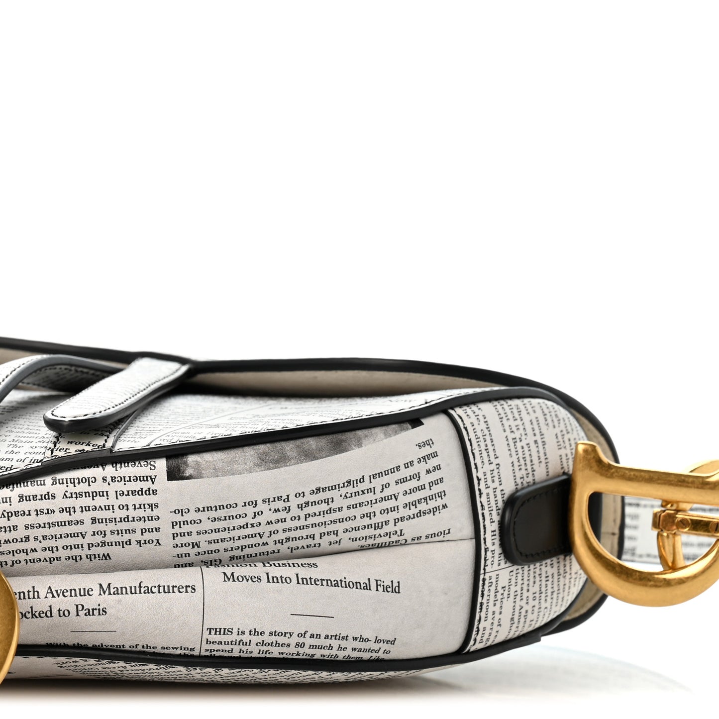 Calfskin Newspaper Printed Saddle Bag With Strap Black White