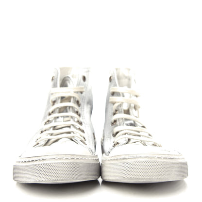 Saint Laurent Distressed Calfskin Bedford Logo-Appliqued Hightop Sneakers 36 Argento Cream White 2 of 11