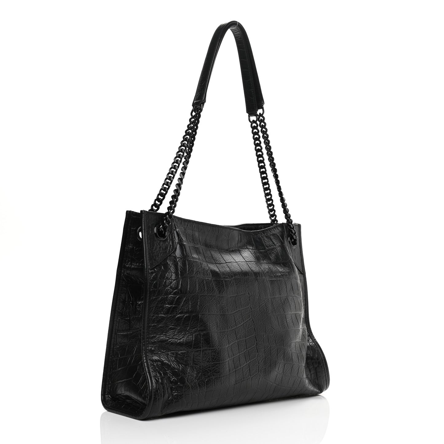 Calfskin Crocodile Embossed Monogram Medium Niki Shopping Bag Black