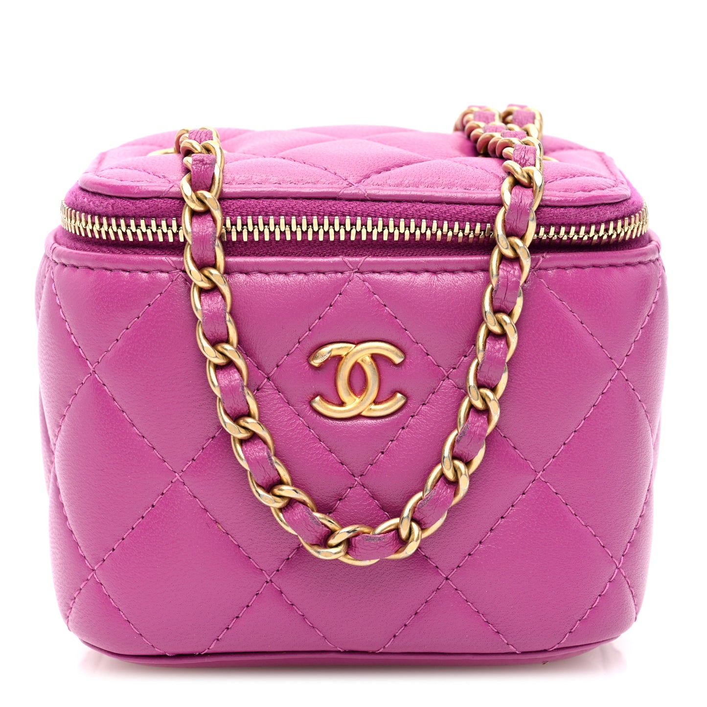 Lambskin Quilted Pearl Crush Mini Vanity Case With Chain  Purple