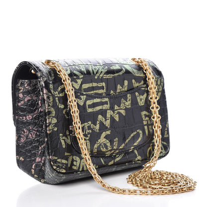 Chanel Calfskin Crocodile Embossed Graffiti 2.55 Mini Cocodile Reissue Flap Black Pink 3 of 13