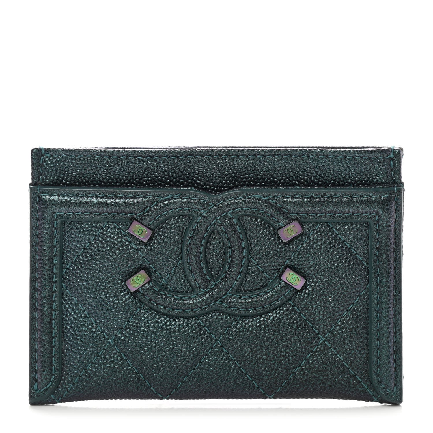 Chanel Iridescent Caviar Quilted Filigree Card Holder Dark Turquoise 1 of 9