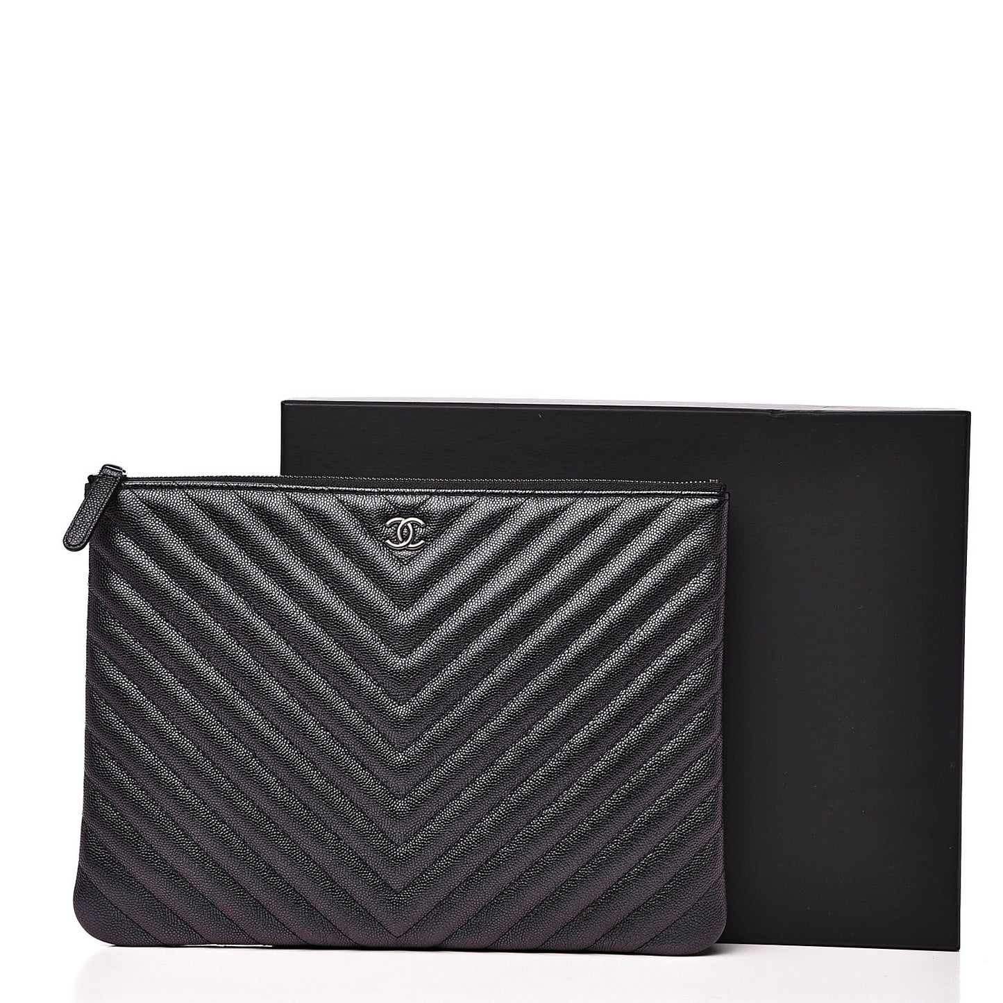 Iridescent Caviar Chevron Quilted Medium Cosmetic Case Black