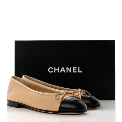 Chanel Lambskin Cap Toe CC Ballerina Flats 36 Beige Black 9 of 9