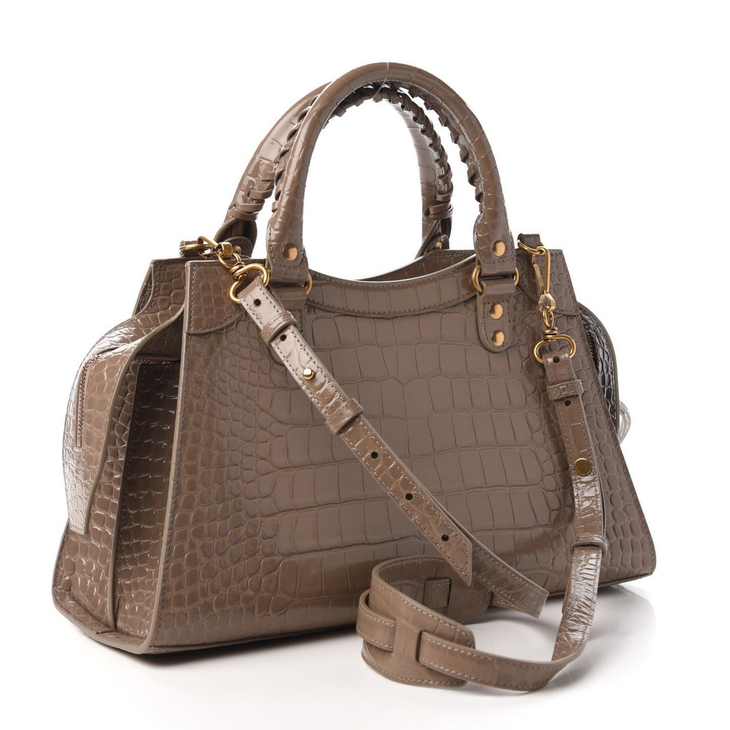 Shiny Supple Calfskin Crocodile Embossed Neo Classic Gold Hardware S City Mink Grey