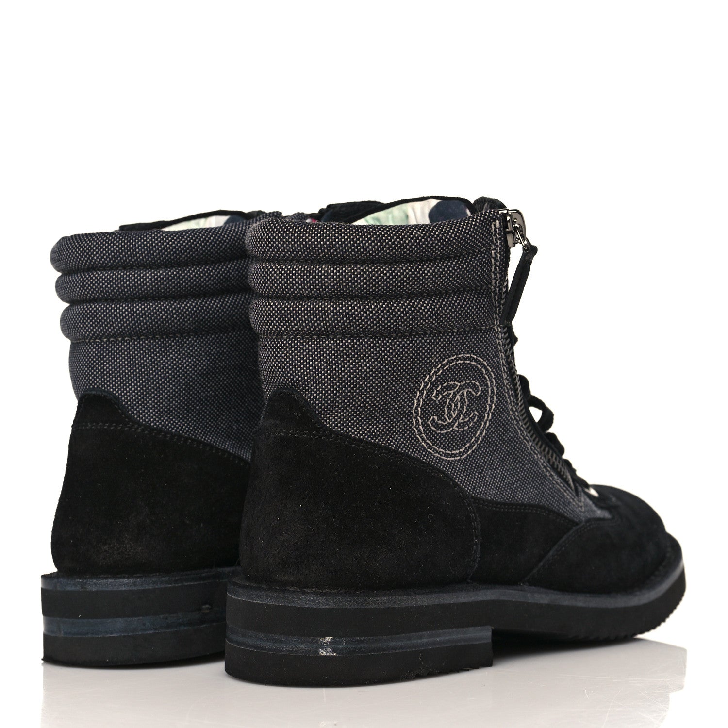 Chanel Toile Suede Calfskin CC Lace Up Short Boots 37 Dark Grey 4 of 10