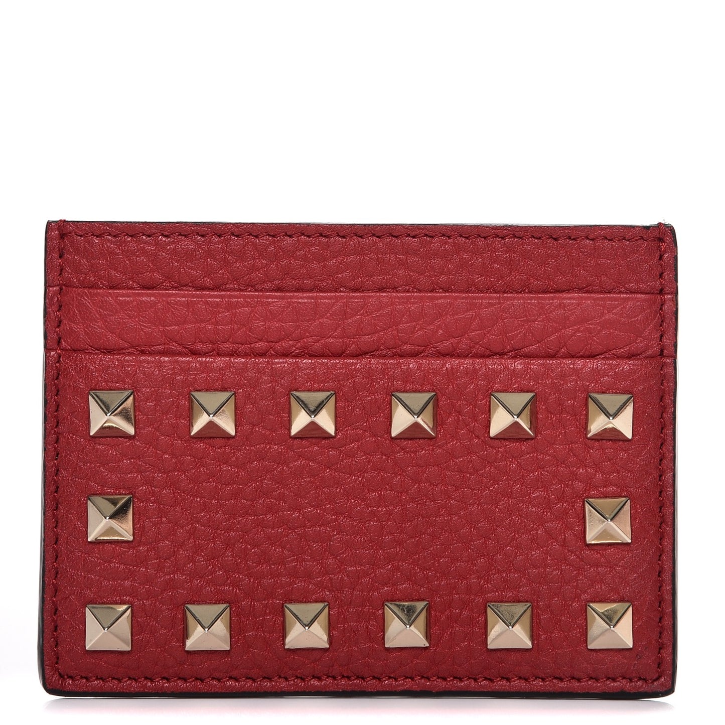 Pebbled Calfskin Rockstud Card Holder Red