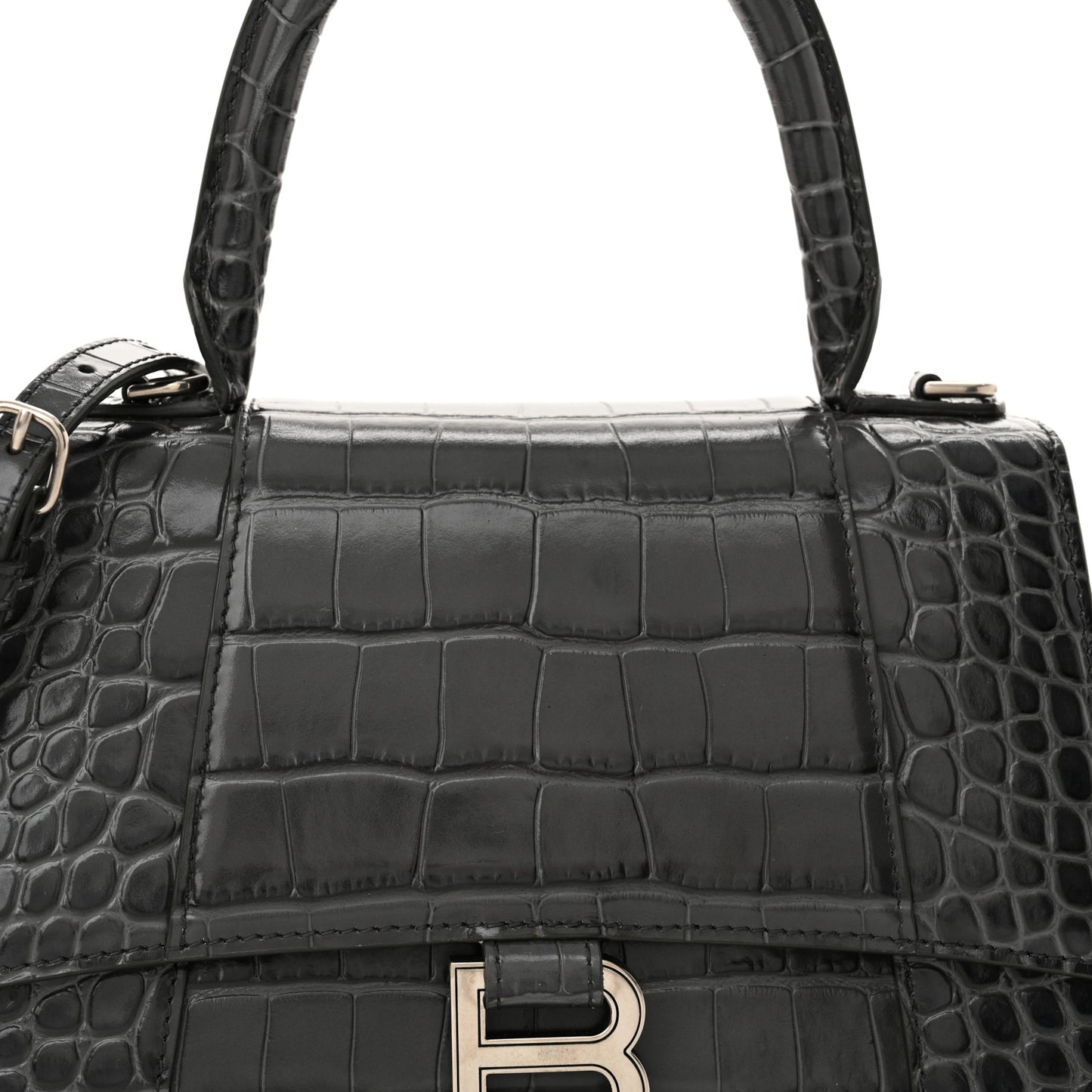 Shiny Calfskin Crocodile Embossed Small Hourglass Top Handle Bag Dark Grey
