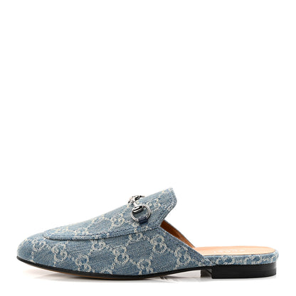 Gucci New Denim GG Malaga Kid Womens Princetown Slippers 37.5 Light Blue Royale 1 of 10