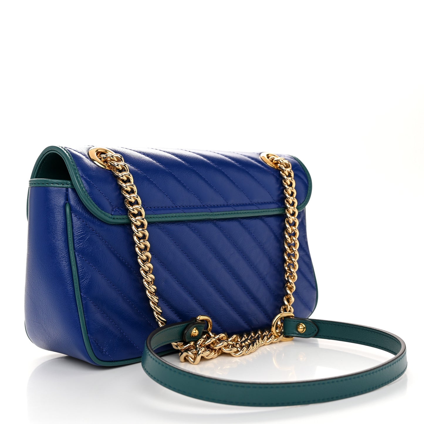 Azalea Calfskin Enamel Matelasse Diagonal Small Torchon GG Marmont Shoulder Bag Imperial Blue Pavone