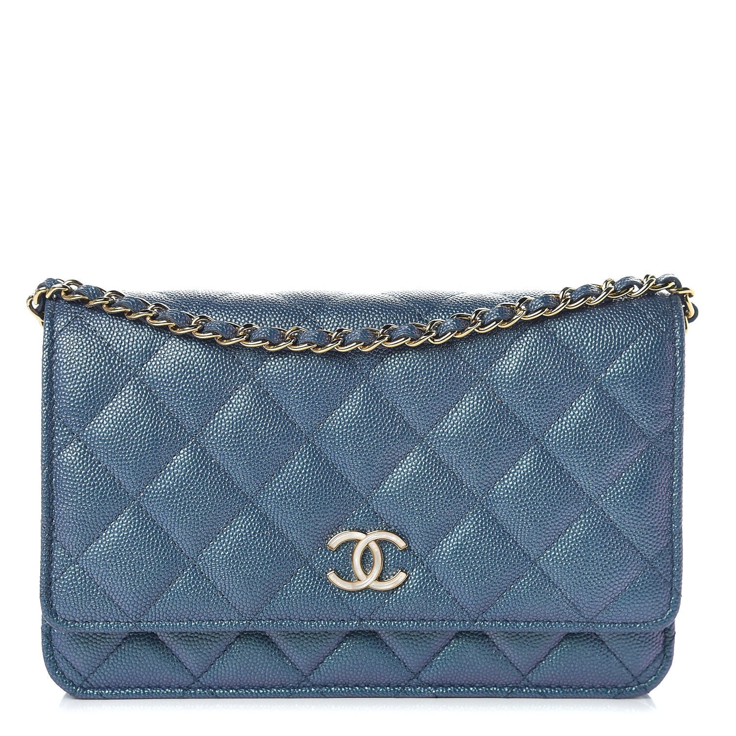 Iridescent Caviar Quilted Wallet on Chain WOC Dark Blue
