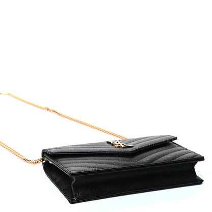 Saint Laurent Grain De Poudre Matelasse Chevron Monogram Envelope Chain Wallet Black 3 of 4