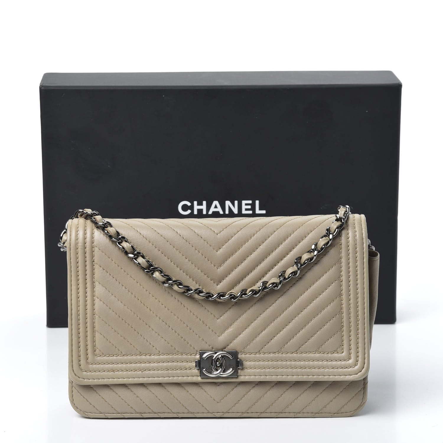 Chanel Lambskin Chevron Quilted Boy Wallet On Chain WOC Grey 10 of 10