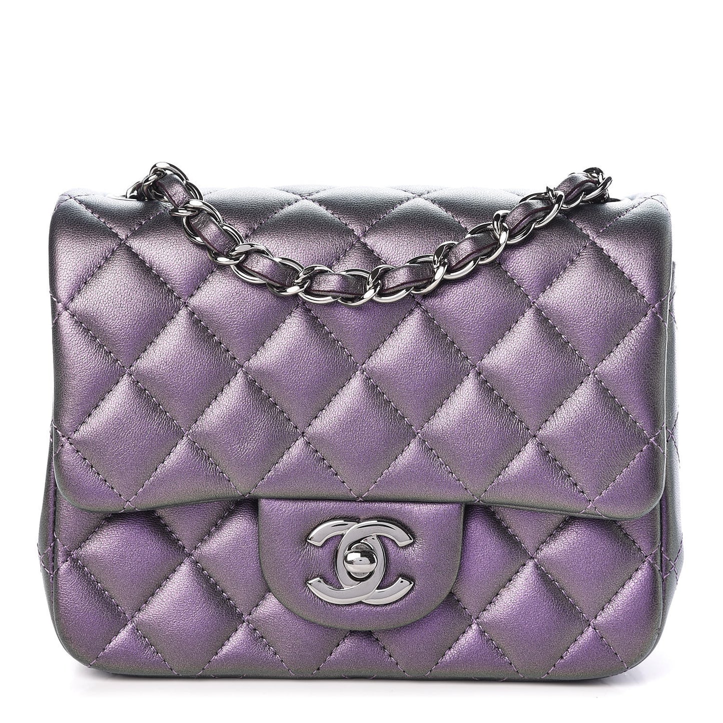 Iridescent Lambskin Quilted Mini Square Flap Dark Purple