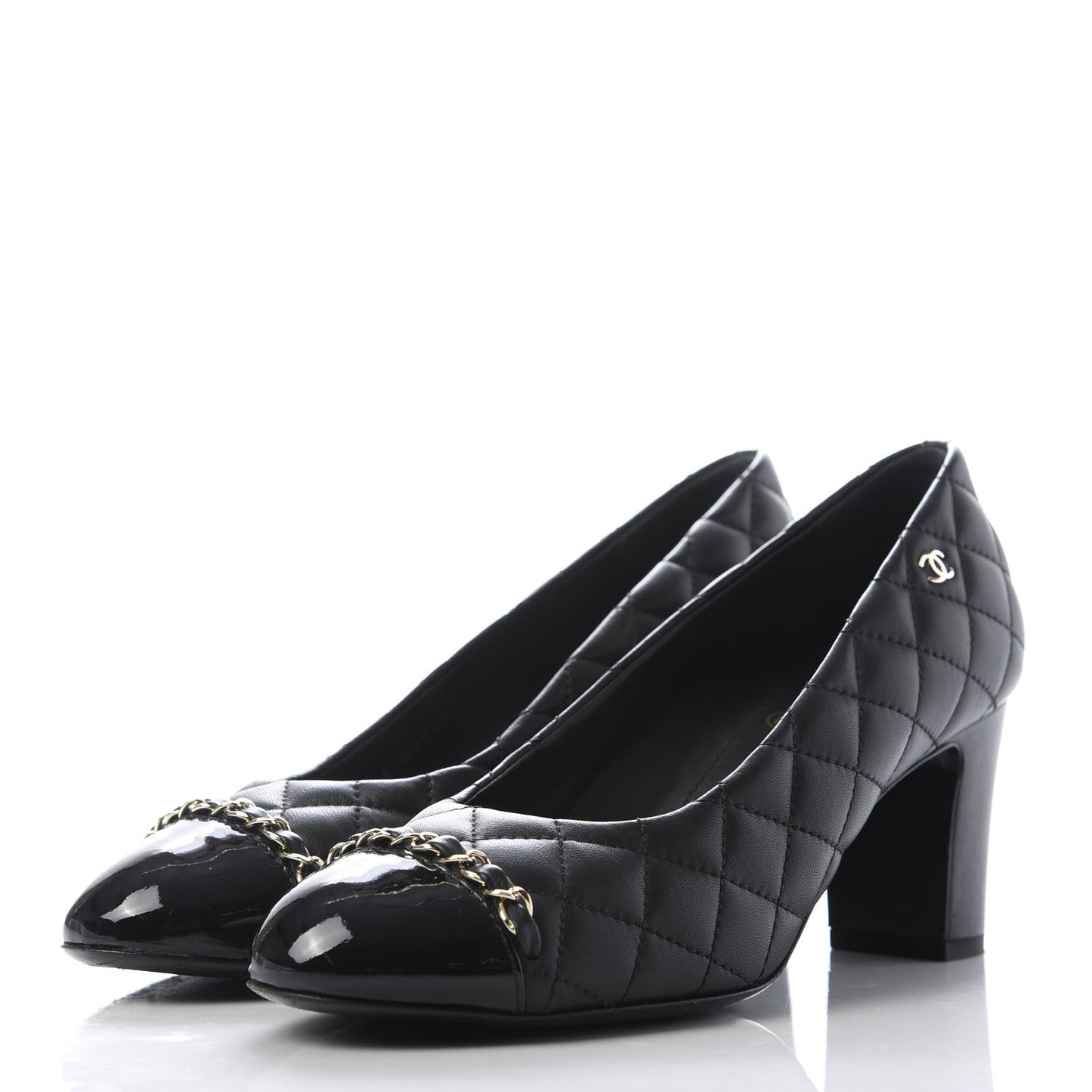 Lambskin Patent Cap Toe Chain Pumps 37.5 Black