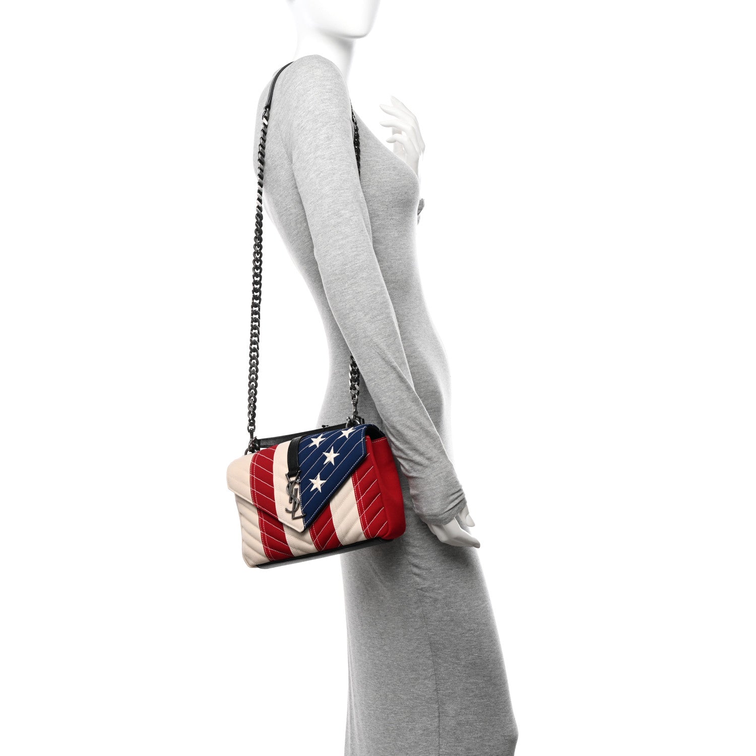 Saint Laurent Canvas Matelasse Chevron American Flag Monogram Medium College Bag Red Blue 2 of 11