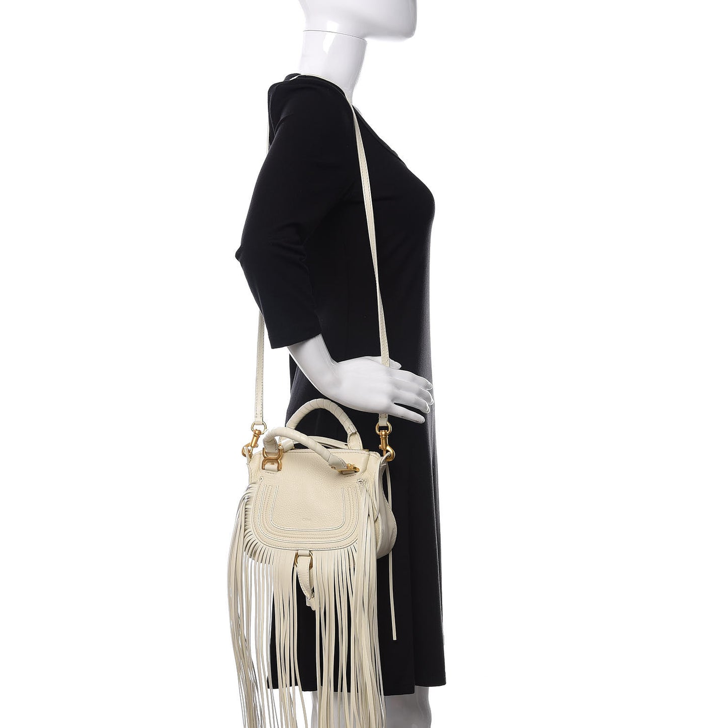 Shiny Small Grain Calfskin Mini Marcie Multi Fringe Satchel Natural White