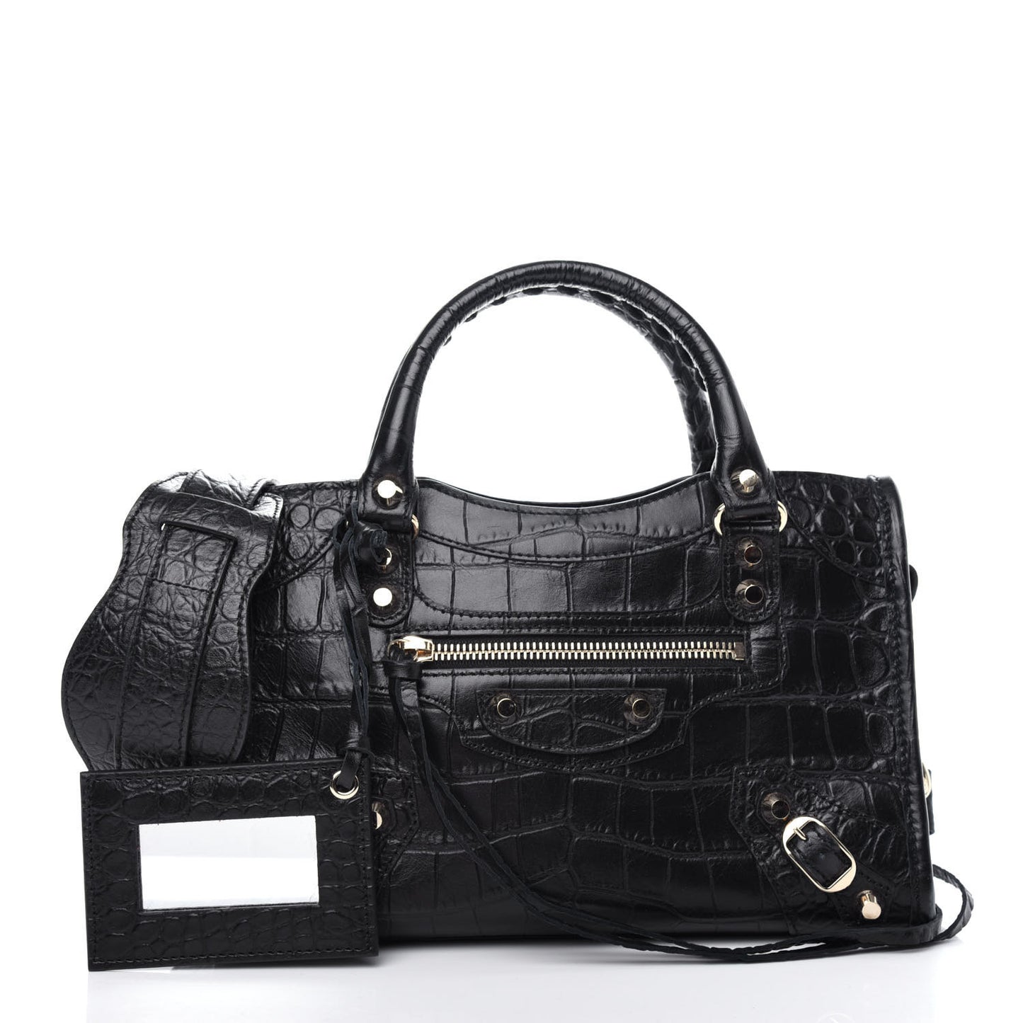 Calfskin Crocodile Embossed Classic SIlver Hardware Mini City Black