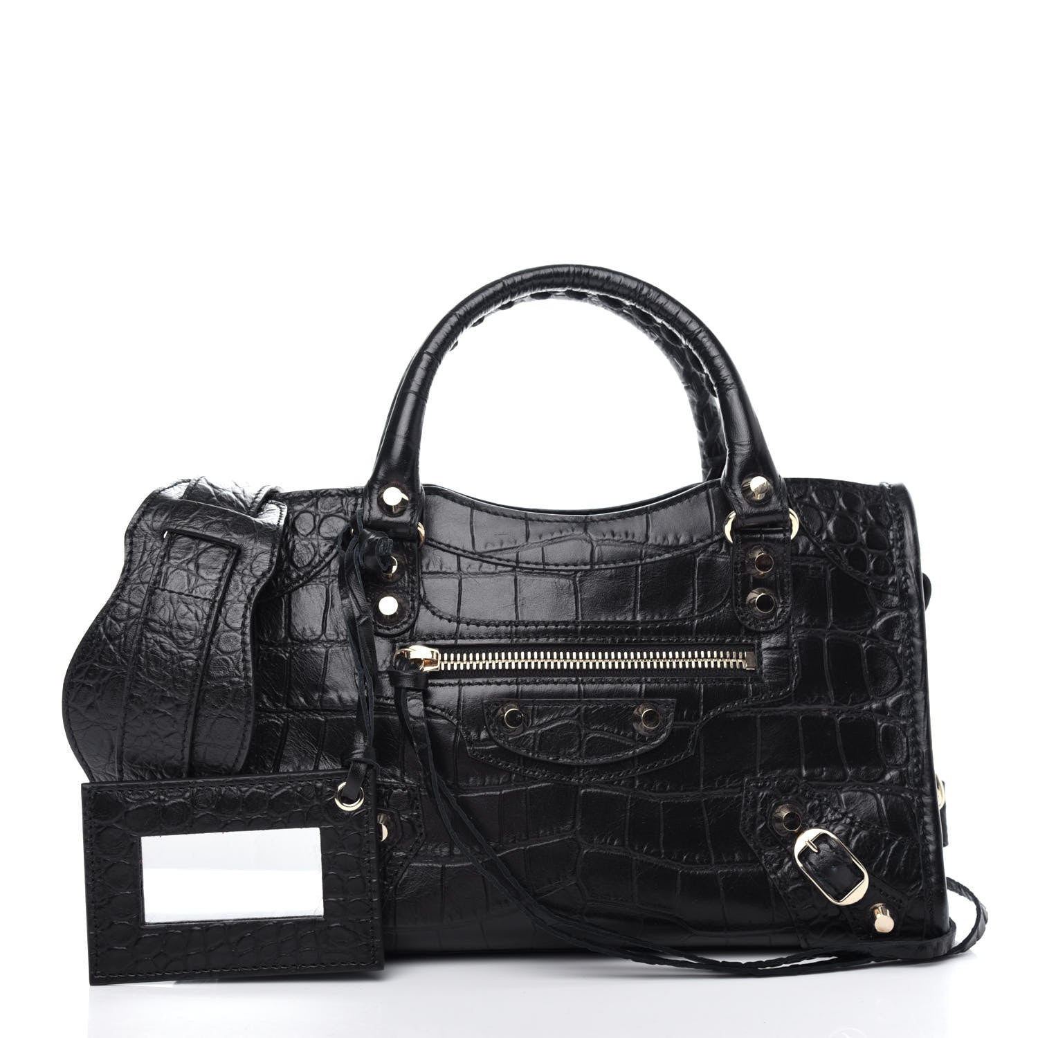 Balenciaga Calfskin Crocodile Embossed Classic SIlver Hardware Mini City Black 3 of 10