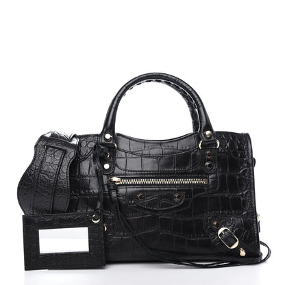 Balenciaga Calfskin Crocodile Embossed Classic SIlver Hardware Mini City Black 3 of 10
