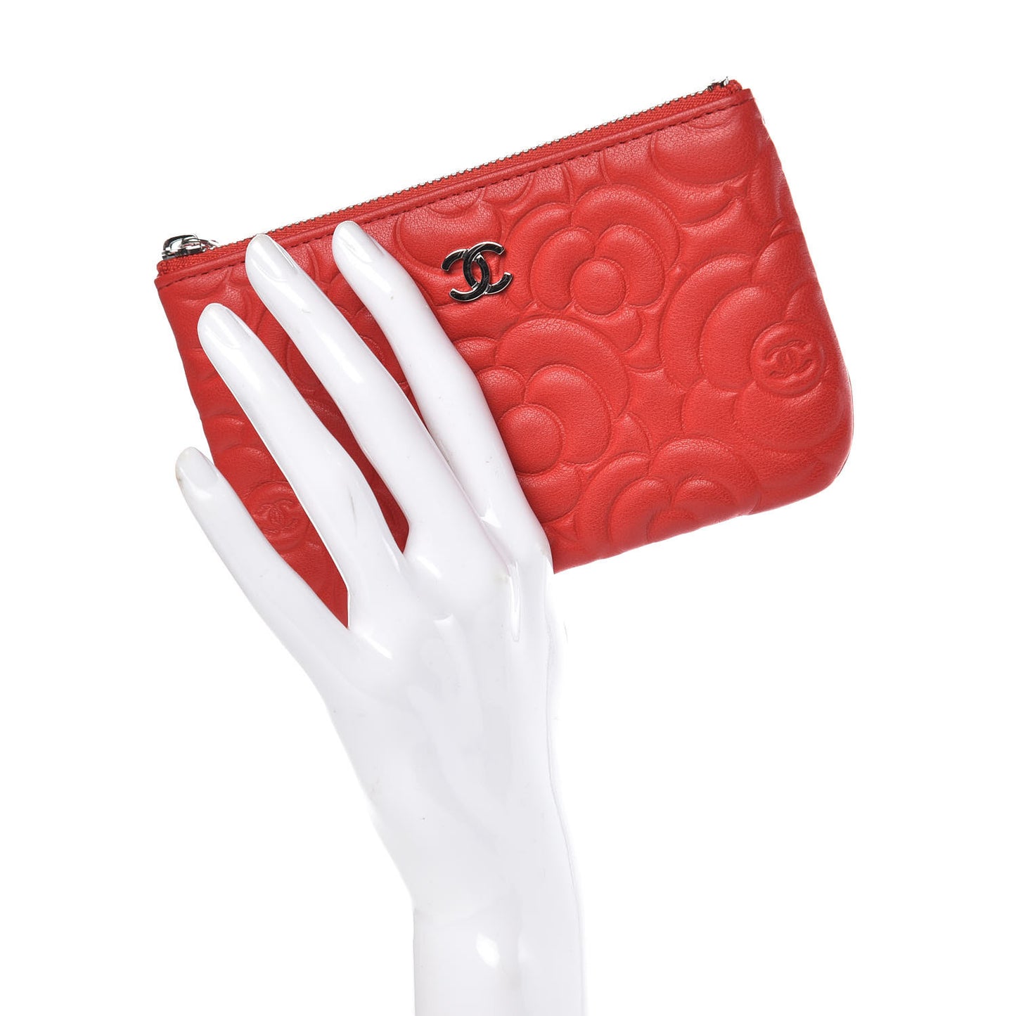 Goatskin Camellia Embossed Cosmetic Pouch Red