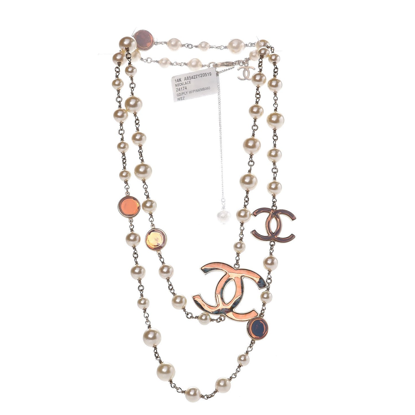 Pearl Enamel CC Long Necklace Pink Gold