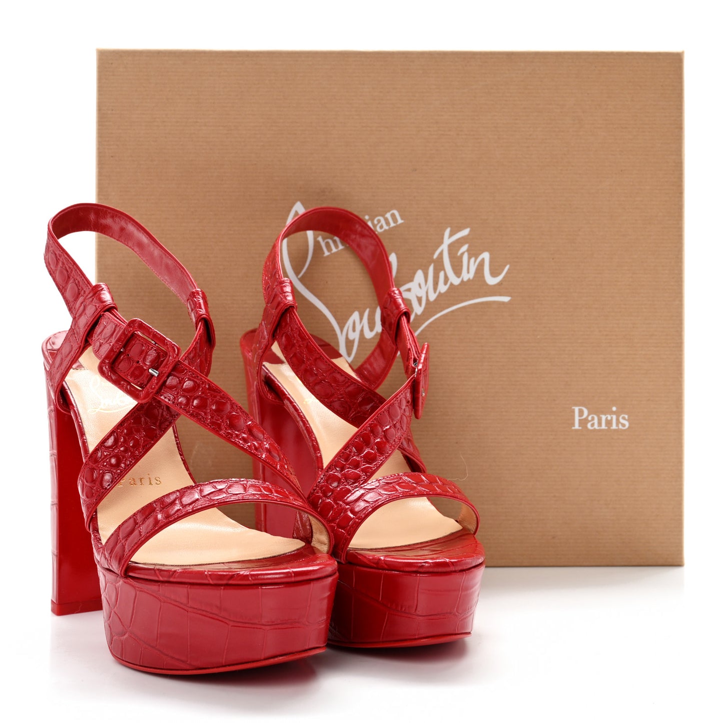 Calfskin Alligator Embossed Selima 130 Sandals 37.5 Red