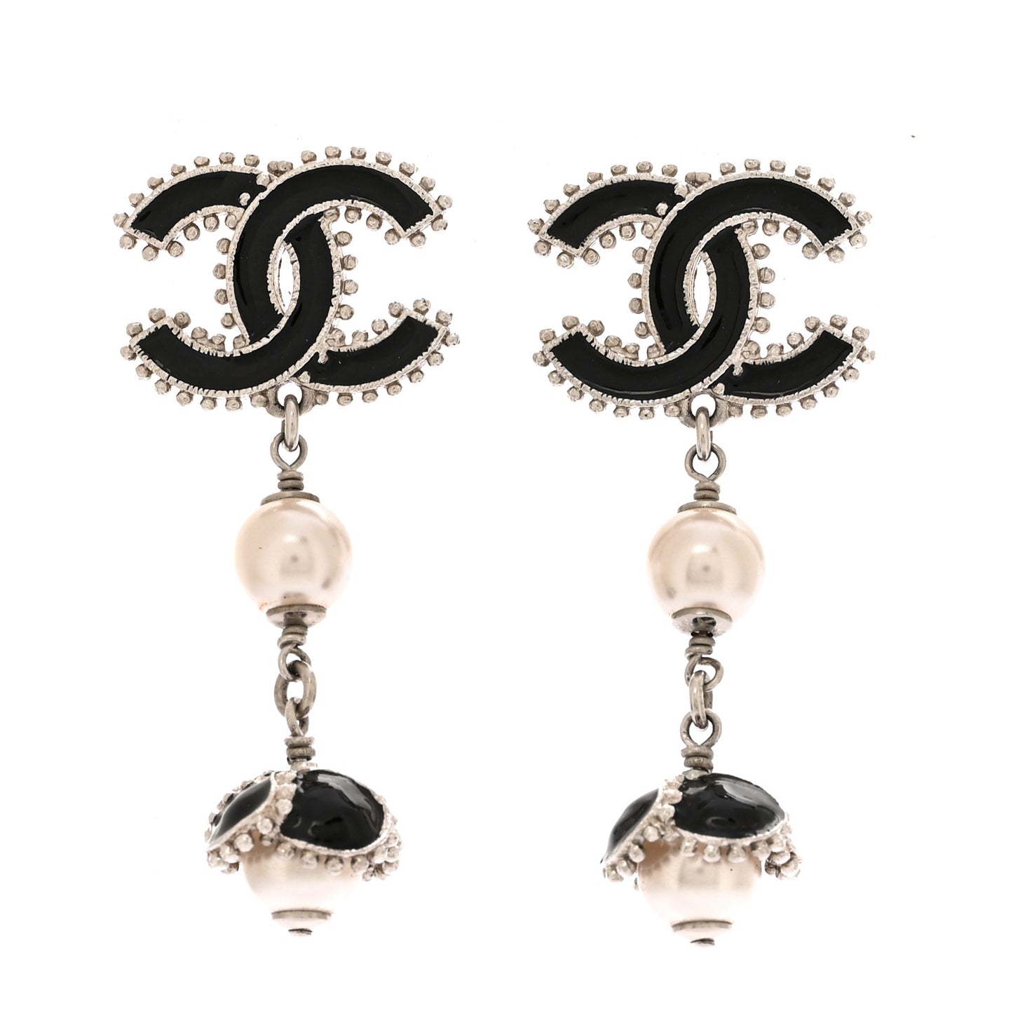 Metal Resin Bead Pearl CC Drop Earrings Silver White Black