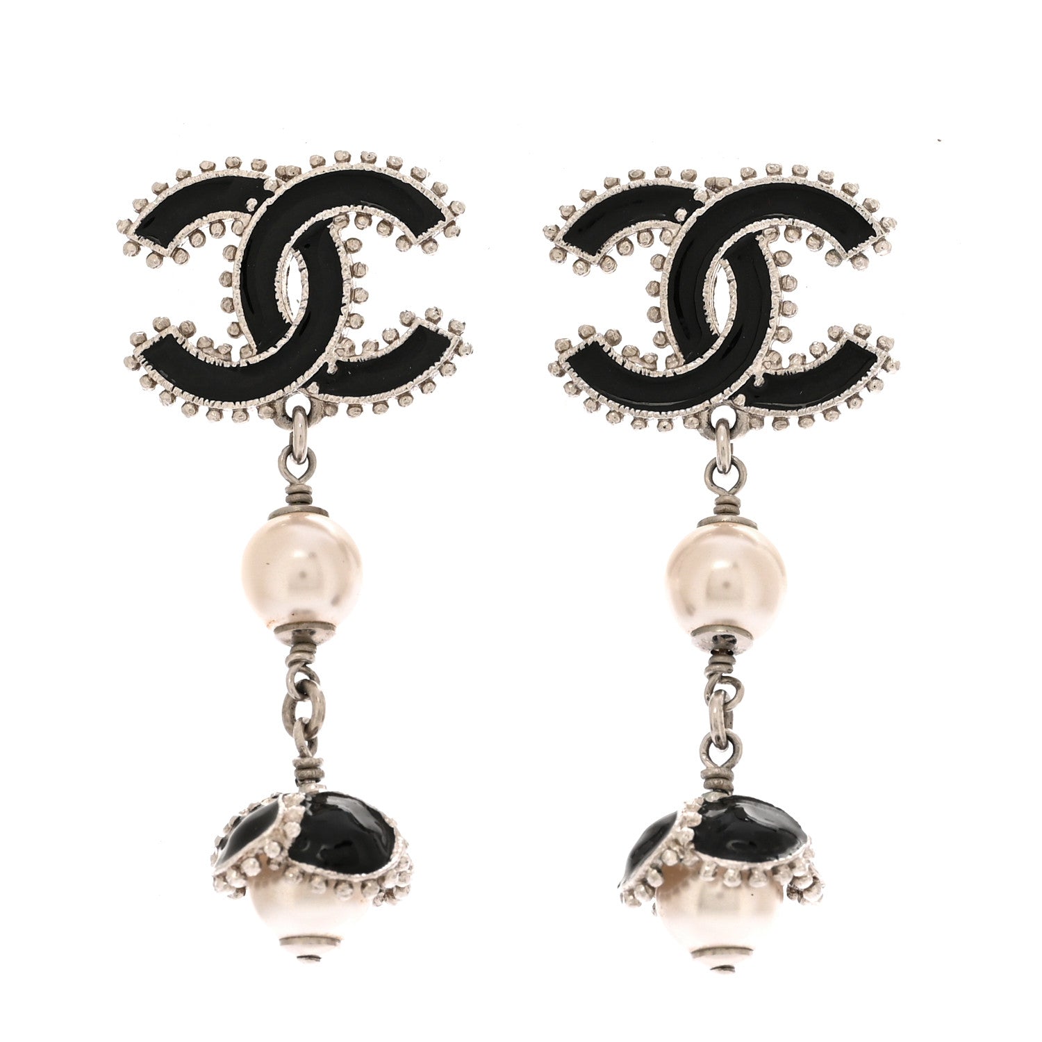 Chanel Metal Resin Bead Pearl CC Drop Earrings Silver White Black 1 of 6