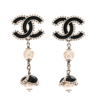 Chanel Metal Resin Bead Pearl CC Drop Earrings Silver White Black 1 of 6