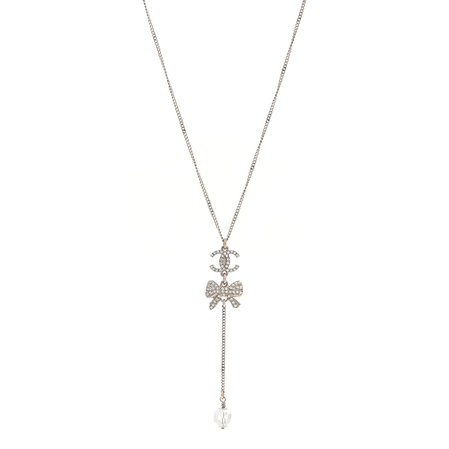 Crystal Resin CC Bow Drop Necklace Silver