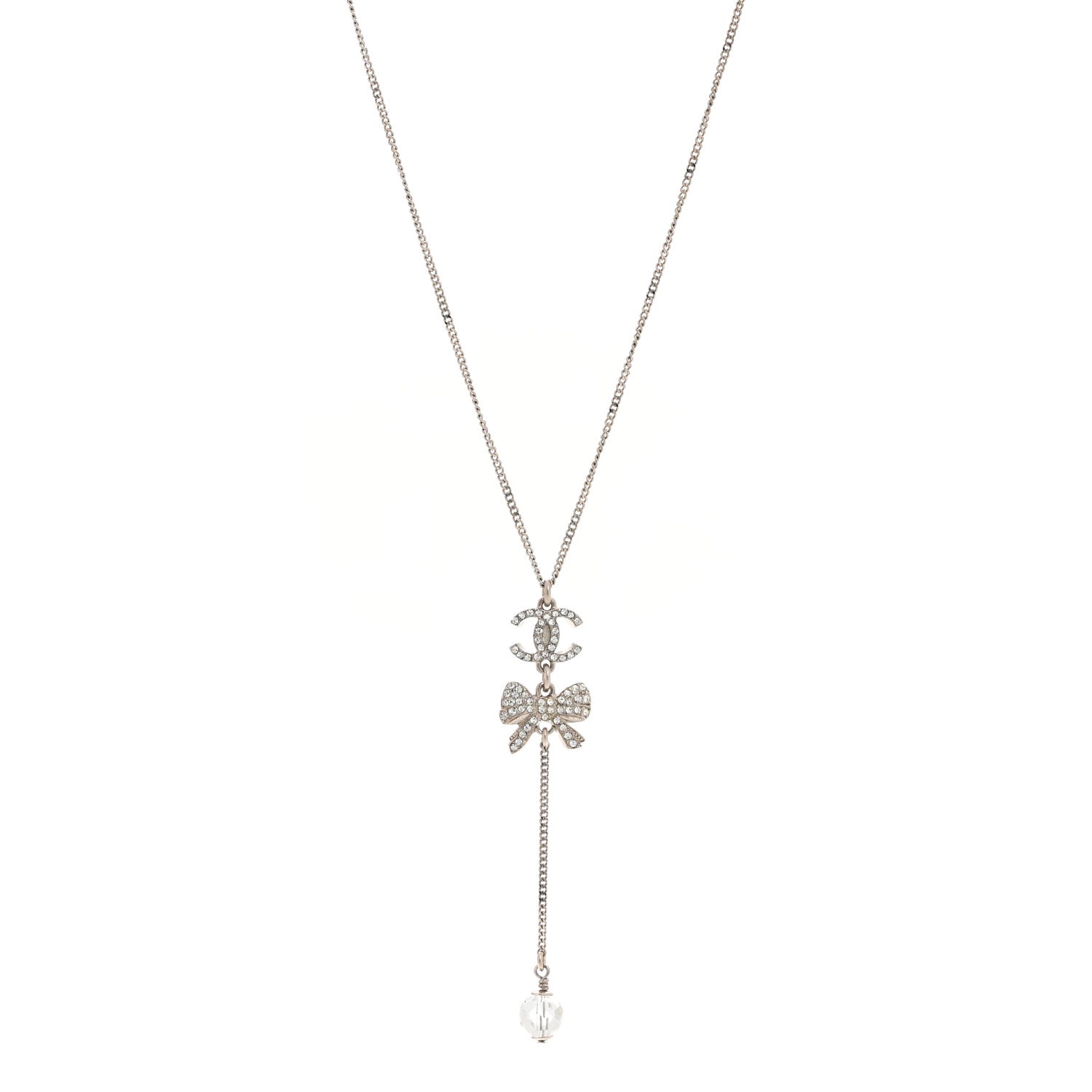 Chanel Crystal Resin CC Bow Drop Necklace Silver 1 of 6