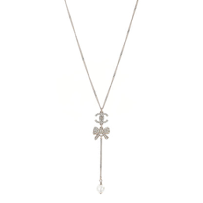Chanel Crystal Resin CC Bow Drop Necklace Silver 1 of 6