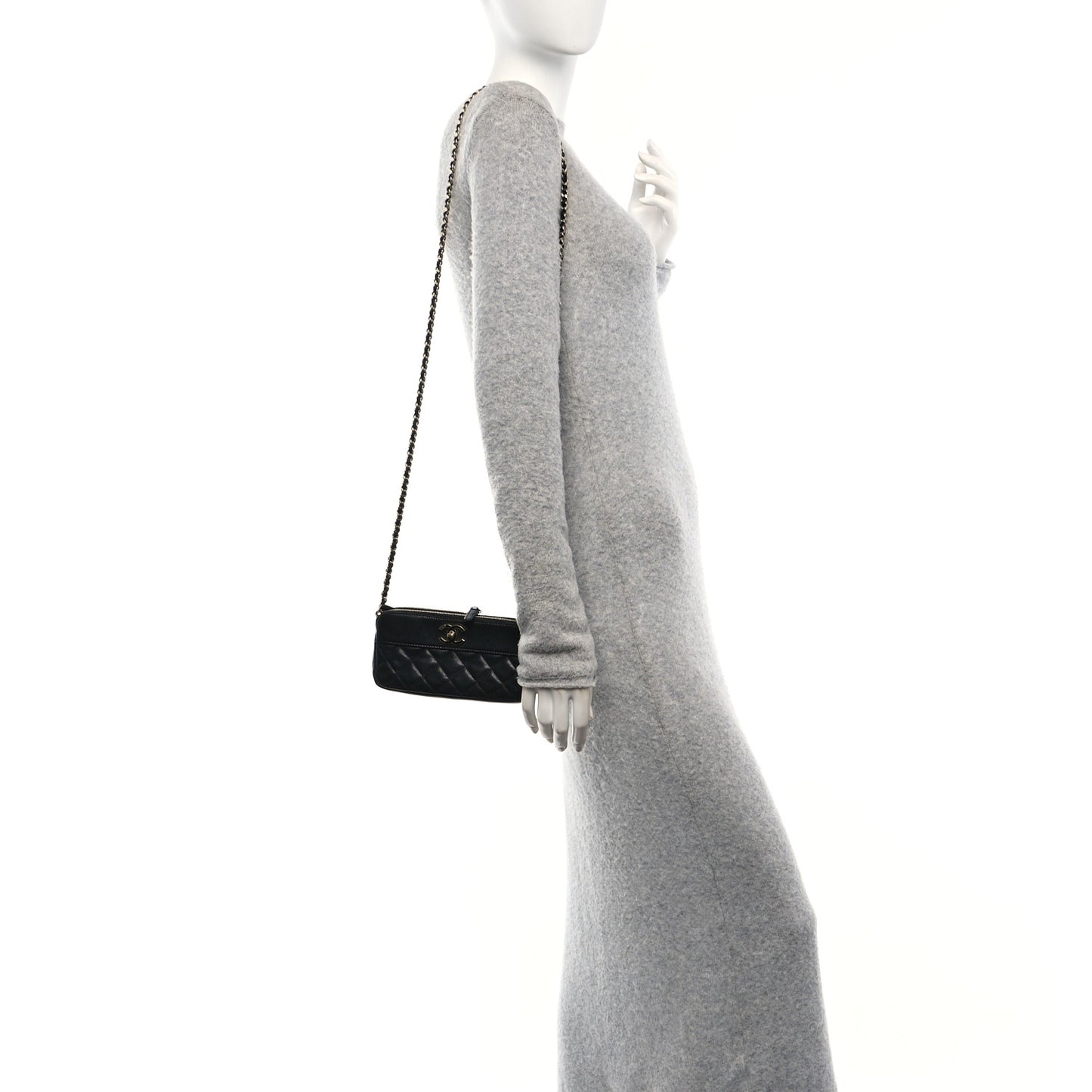 Metallic Sheepskin Chevron Quilted Small Vintage Mademoiselle Clutch With Chain Black