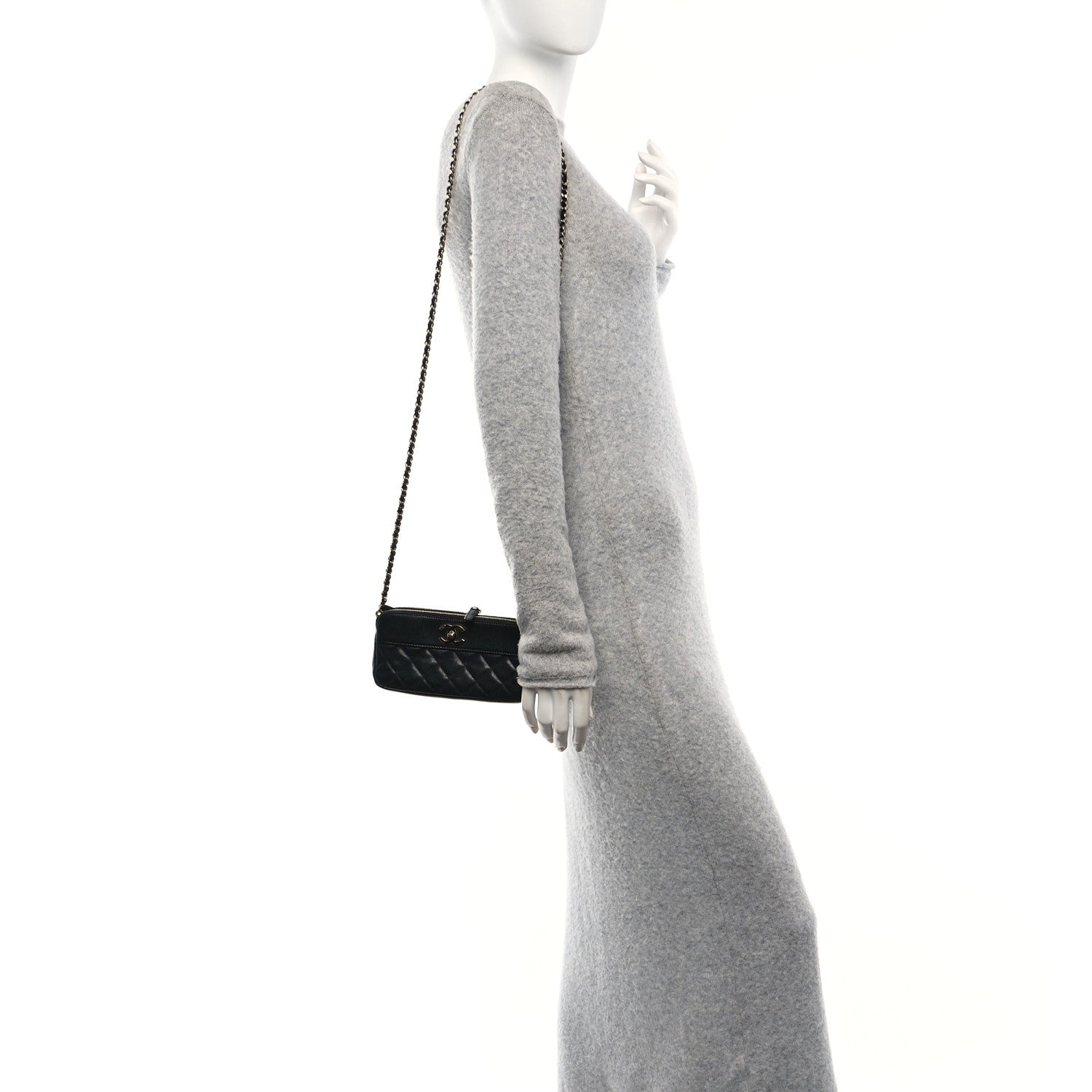 Chanel Metallic Sheepskin Chevron Quilted Small Vintage Mademoiselle Clutch With Chain Black 2 of 11
